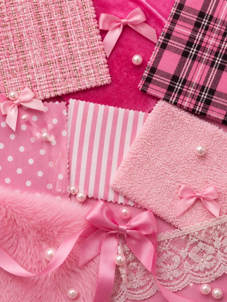 Girly fabric swatches: tweed, velour, plaid, polka dot, stripes, terry cloth, fur, ribbon and lace