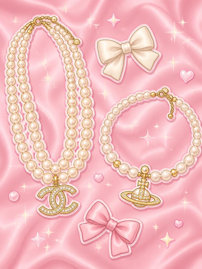 Chanel and Vivienne Westwood pearls flatlay