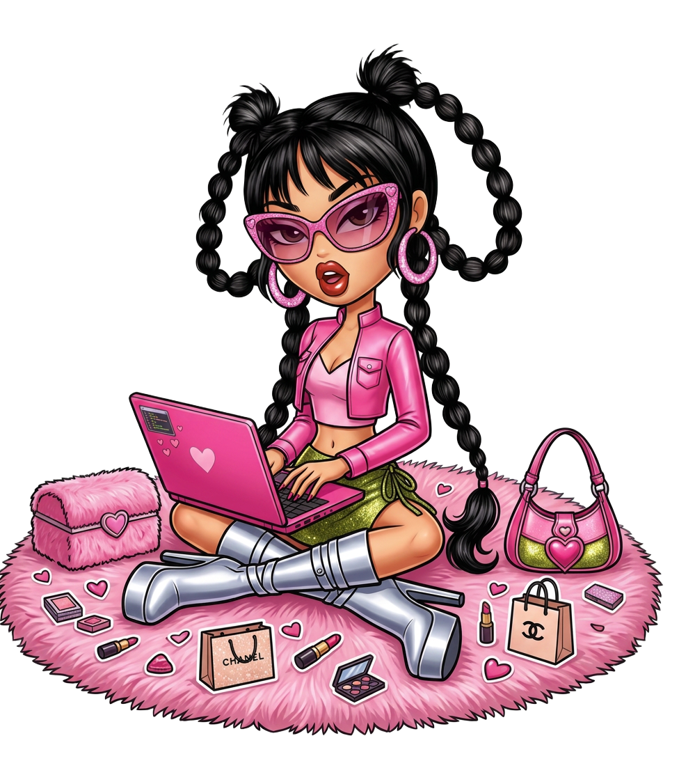 Cartoon stylist standing in closet typing on pink laptop while on phone call